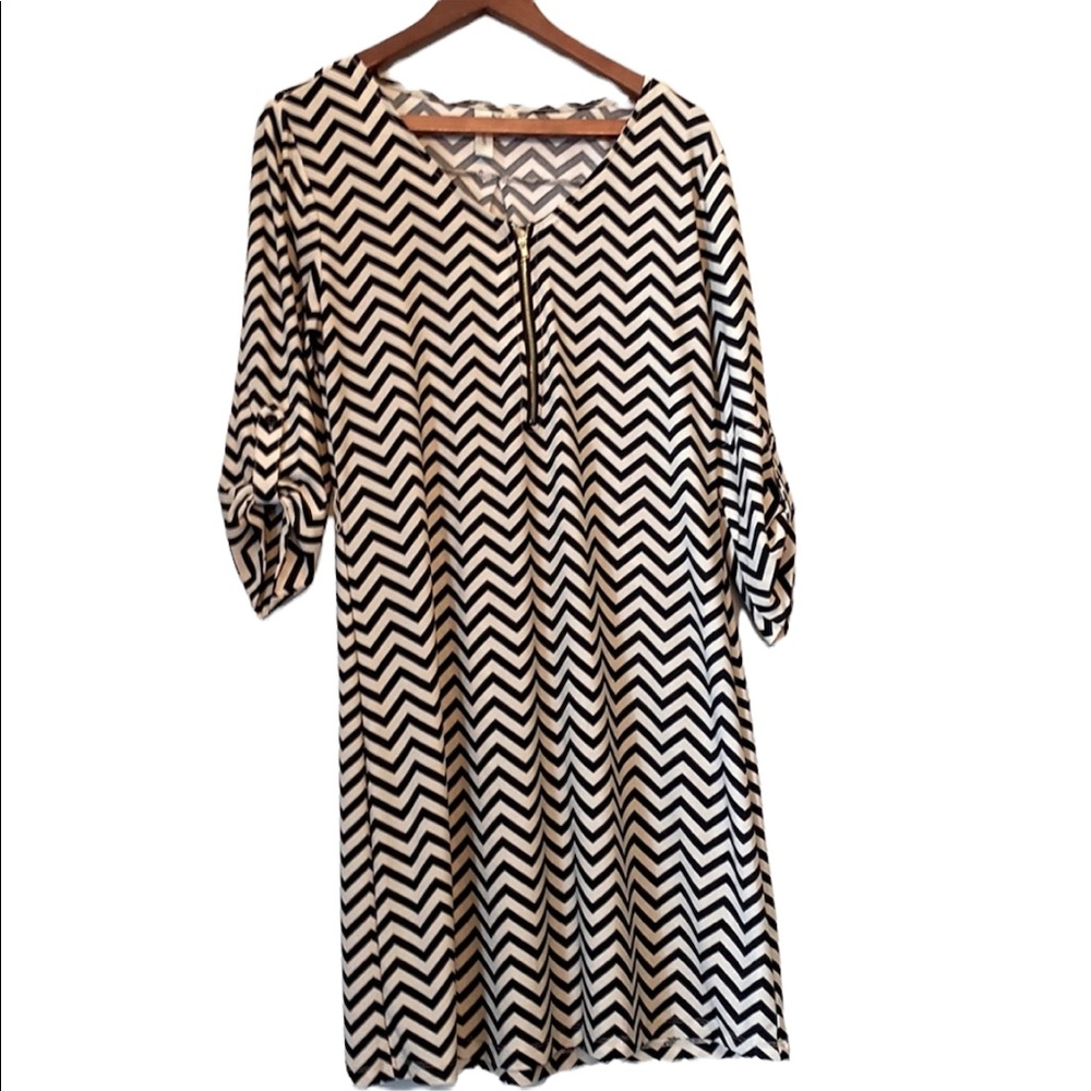 Tacera Chevron Print Black and Taupe Dress